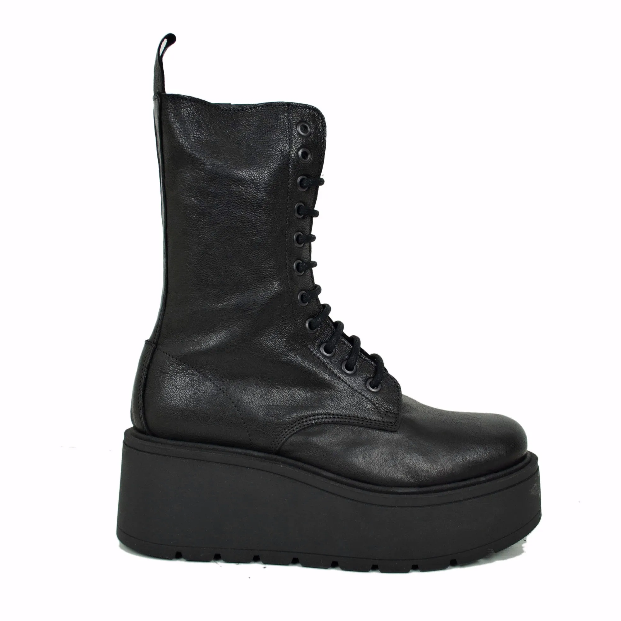 Stivaletti Platform di 7 cm Vera Pelle Morbidi Chunky MIDI Boots Neri