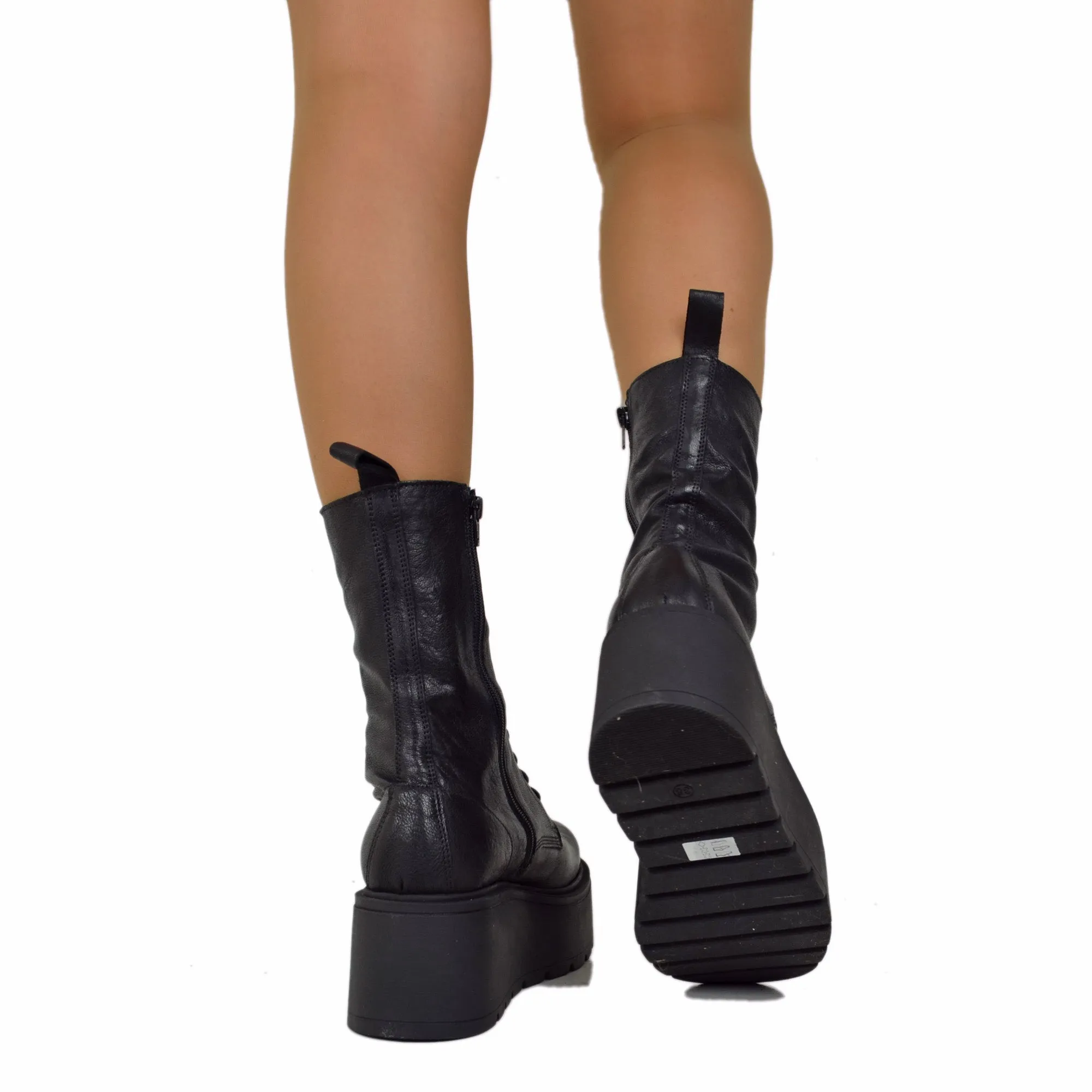 Stivaletti Platform di 7 cm Vera Pelle Morbidi Chunky MIDI Boots Neri