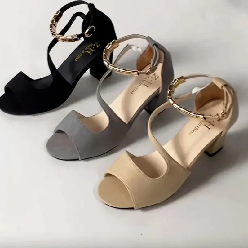 Women Beaded Sandals High Heels Chunky Shoes Fashion Ankle Buckle Shoes Summer New Brand 2024 Walking Elegant Zapatos Mujer
